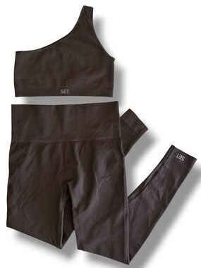 SET Active Sculpt Flex Ribbed One Shoulder Bra Legging Set Espresso Chocolate S